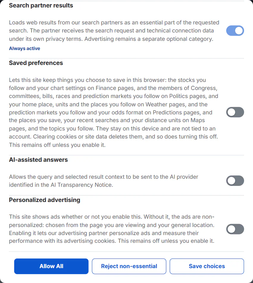 The bottom of the Privacy choices panel with the AI-assisted answers and Advertising categories and the three buttons